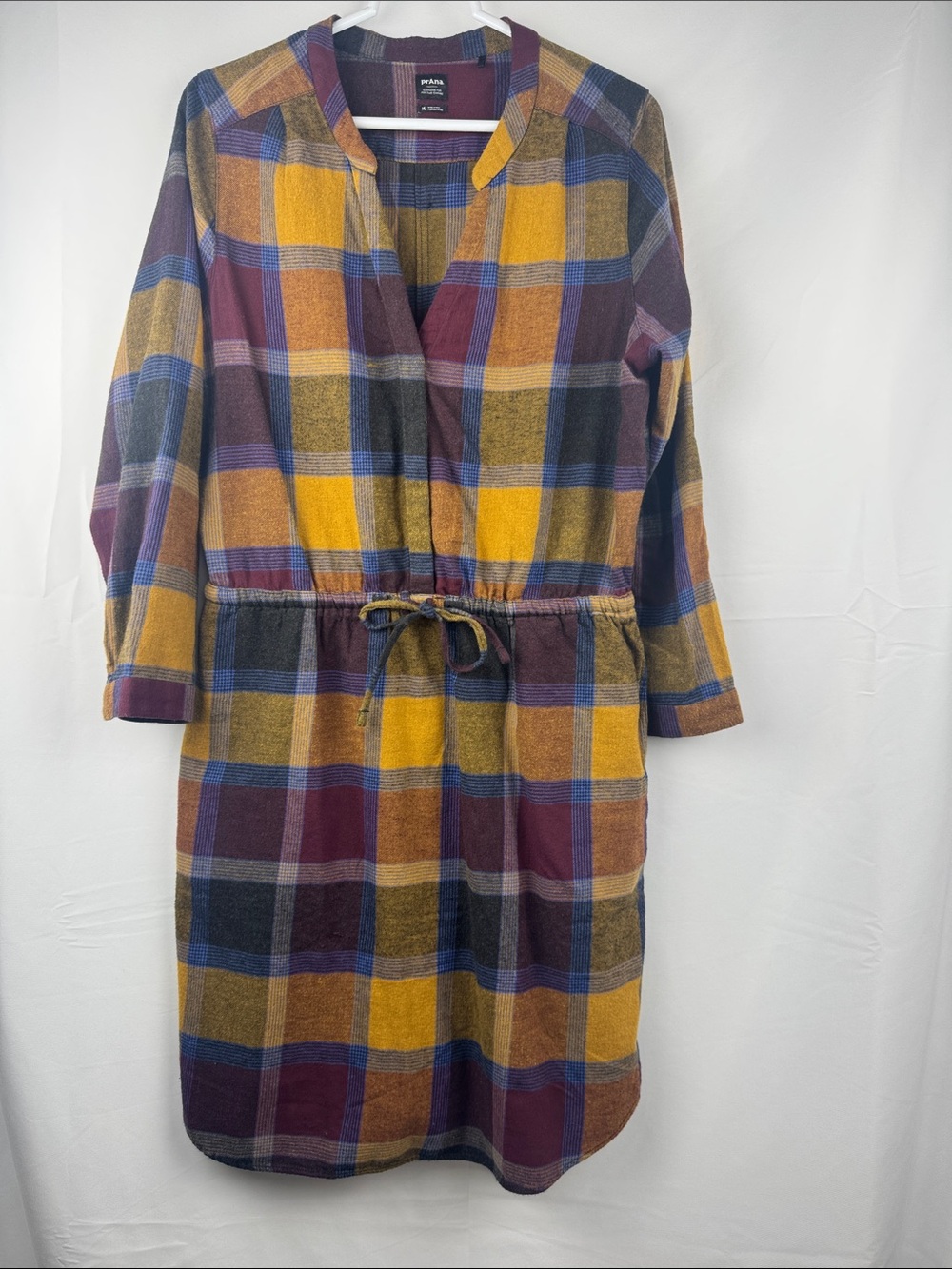 Prana Loop to Pines Plaid Dress Organic Cotton Gold Purple Size M Pullover